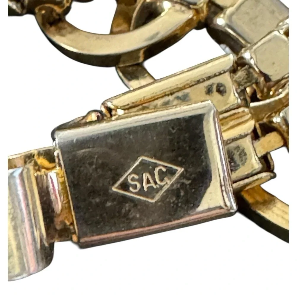 Vintage SAC Rhinestone‎ Bracelet Gold Tone Baguette Crystals Mid Century Signed